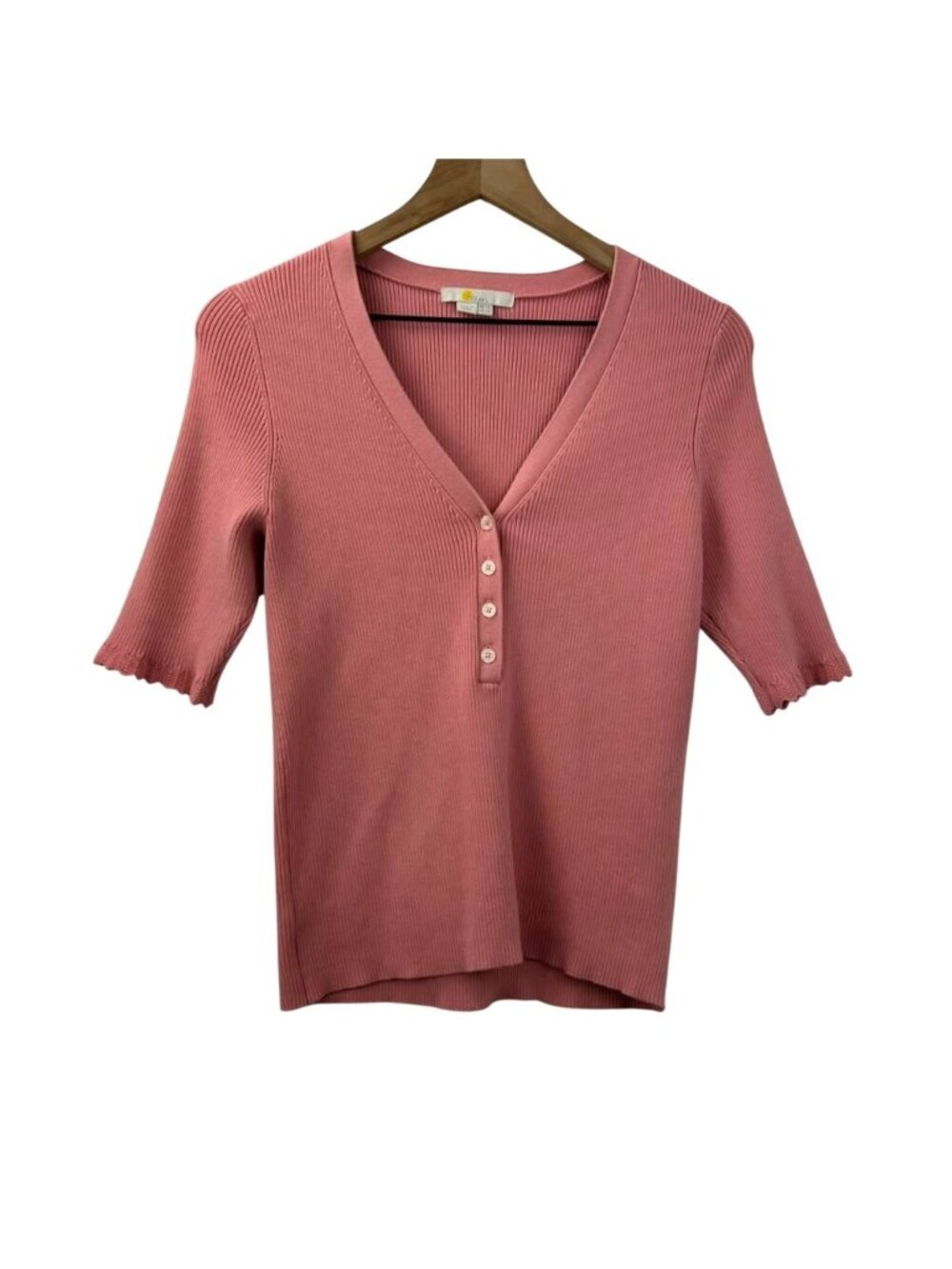 Boden Top Women's Size 12 Pink Peach Short Sleeve Ribbed Knit Henley V-Neck